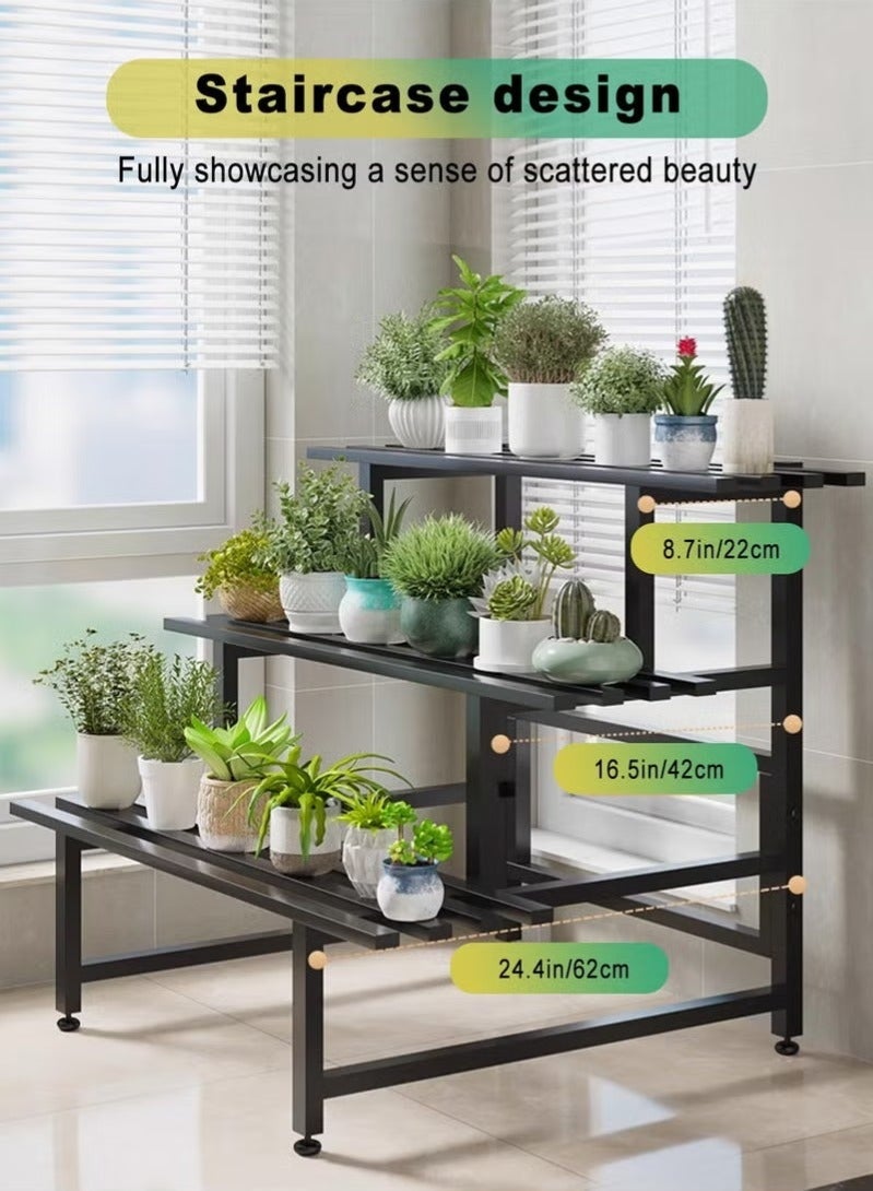 والالا حامل نباتات معدني ثلاثي الطبقات للاستخدام الداخلي والخارجي، مقاوم للماء، قابل للتكديس، رف نباتات طويل متين، حامل أواني الزهور للحديقة، رف عرض، أسود - Image 2