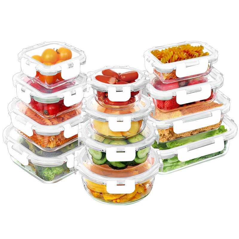 VERONES 24 Pieces Glass Food Storage Containers Set  Airtight Glass Lunch Containers  Glass Meal Prep Containers with Lids Exclusive of BPA  for Microwave  Oven  Freezer & Dishwasher Friendly White - Image 1