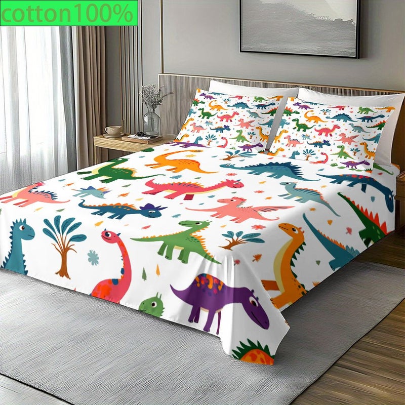 Cotton Bedding Set 3pcs Dinosaur Print Bed Sheet And 2 Pillowcases Room Hotels Dorms Soft Machine Washable 89 76 Inch By 100 Inch Gray - Image 5