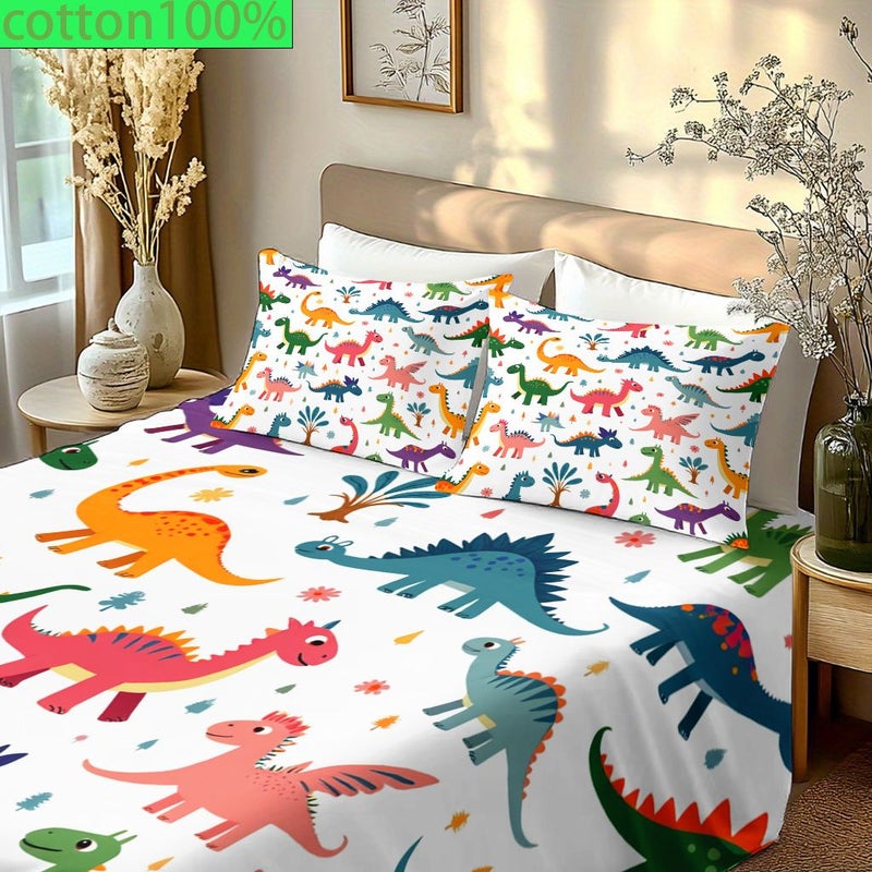 Cotton Bedding Set 3pcs Dinosaur Print Bed Sheet And 2 Pillowcases Room Hotels Dorms Soft Machine Washable 89 76 Inch By 100 Inch Gray - Image 4