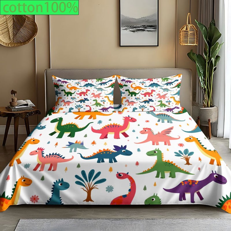 Cotton Bedding Set 3pcs Dinosaur Print Bed Sheet And 2 Pillowcases Room Hotels Dorms Soft Machine Washable 89 76 Inch By 100 Inch Gray - Image 2