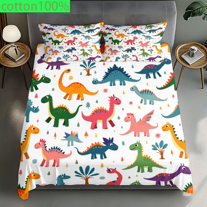 Cotton Bedding Set 3pcs Dinosaur Print Bed Sheet And 2 Pillowcases Room Hotels Dorms Soft Machine Washable 89 76 Inch By 100 Inch Gray - Image 3