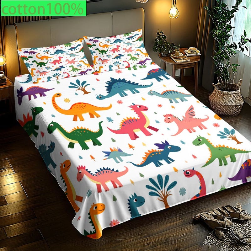 Cotton Bedding Set 3pcs Dinosaur Print Bed Sheet And 2 Pillowcases Room Hotels Dorms Soft Machine Washable 89 76 Inch By 100 Inch Gray - Image 1
