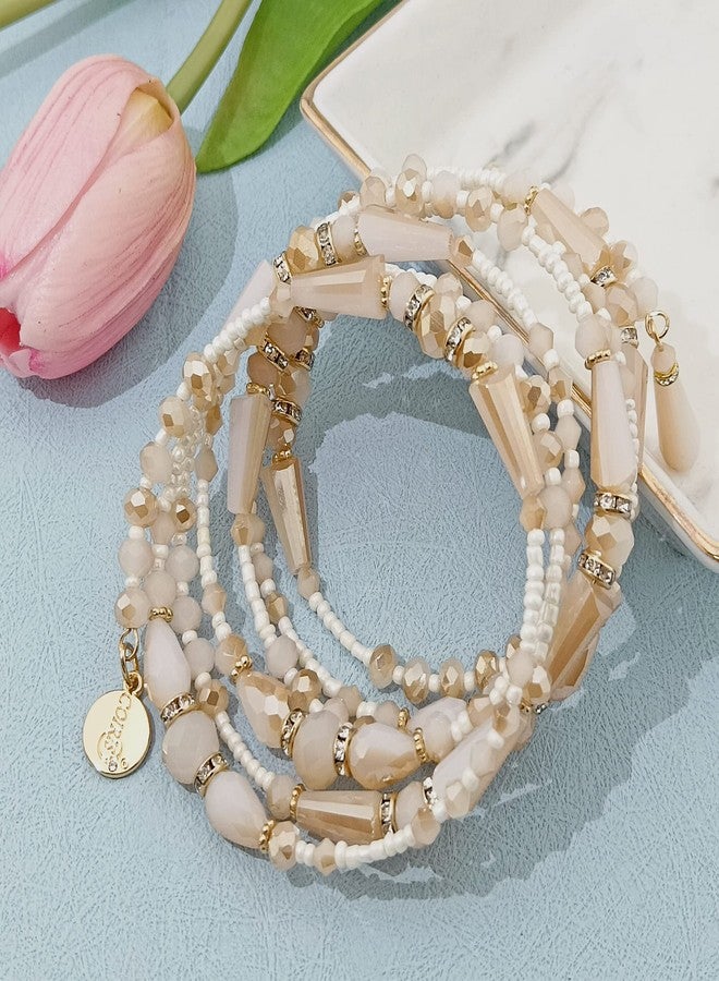 Coiris Boho Multilayer Beaded Bracelets for Women Bohemian Stretch Layered Bead Bracelets Charm Bangle Handmade Jewelry(BR-1209-Beige) - Image 2