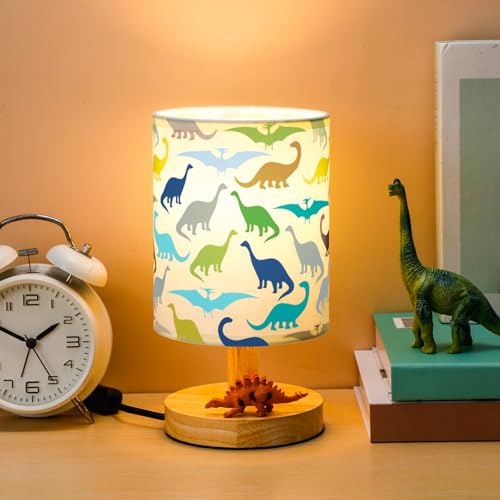 VIHOSE Dinosaur Kids Table Lamp for Bedroom Kids Bedside Lamp with Linen Wooden Nightstand Cartoon Nursery Lampshade for Girls Boys Living Room - Image 1