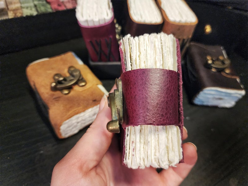 Modest Goods [Set of 3] Handmade Mini Leather Journals - Tiny Vintage Scrapbooks, Pocket Artist Sketchbook, small leatherbound Unlined Notebook journal, gift for artists, writers, and scrapbooking on the go gifts. - Image 4