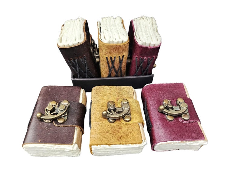 Modest Goods [Set of 3] Handmade Mini Leather Journals - Tiny Vintage Scrapbooks, Pocket Artist Sketchbook, small leatherbound Unlined Notebook journal, gift for artists, writers, and scrapbooking on the go gifts. - Image 1