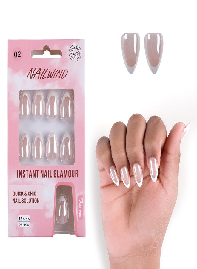 NAILWIND Chrome White French Tip Press On Nails | Short Almond | 15 Sizes 30 Pcs | French Nail | Natural Short Almond Nails False Nails for Women Girl - Image 3