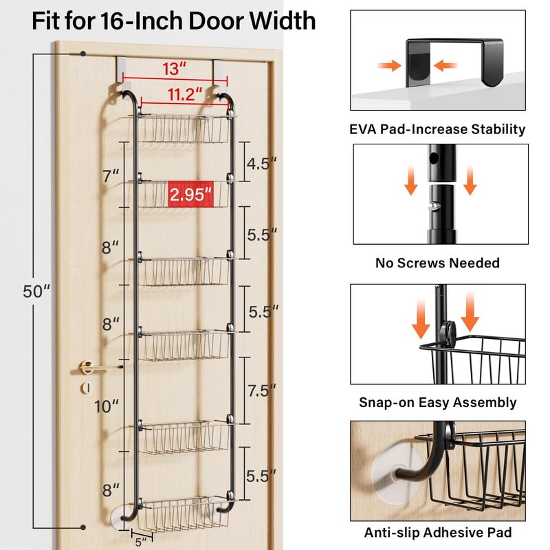 Delamu Narrow Over the Door Pantry Organizer, 6-Tier Metal Pantry Door Organization and Storage for Easy Install, Hanging Spice Rack Seasoning Shelves for Cabinet & Kitchen, D5 x W13 x H50 inch, Black - Image 2