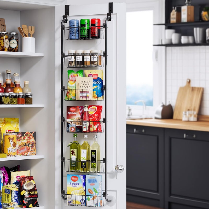 Delamu Narrow Over the Door Pantry Organizer, 6-Tier Metal Pantry Door Organization and Storage for Easy Install, Hanging Spice Rack Seasoning Shelves for Cabinet & Kitchen, D5 x W13 x H50 inch, Black - Image 1