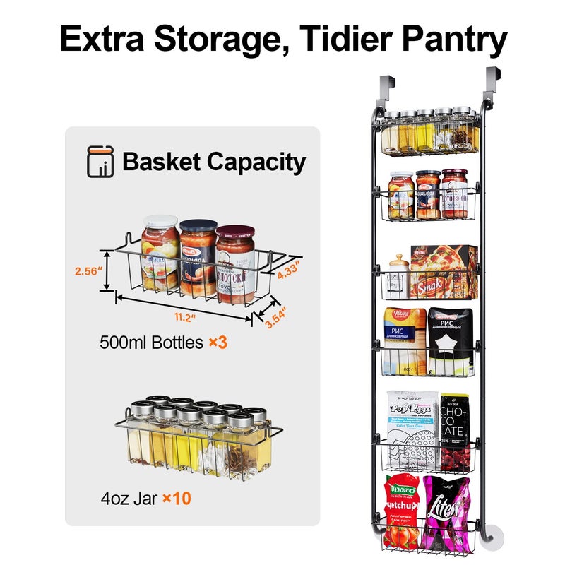 Delamu Narrow Over the Door Pantry Organizer, 6-Tier Metal Pantry Door Organization and Storage for Easy Install, Hanging Spice Rack Seasoning Shelves for Cabinet & Kitchen, D5 x W13 x H50 inch, Black - Image 4