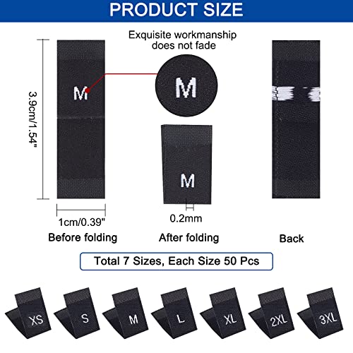NBEADS 350 Pcs Clothing Size Labels, 7 Sizes Polyester Sewing Labels Embroidered Label Size Labels Tags XS/S/M/L/XL/2XL/3XL for Clothing Sewing Sew on Clothes, Black - Image 5