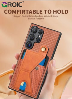 GROIC Brown Sumsung Galaxy S24 Ultra Cases, Phone Cover Card Holder,Weave Pattern Slots Wallet Case with Kickstand Protective Case for Samsung S24 Ultra 6.8 inch  - Image 2
