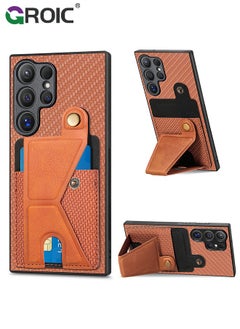 GROIC Brown Sumsung Galaxy S24 Ultra Cases, Phone Cover Card Holder,Weave Pattern Slots Wallet Case with Kickstand Protective Case for Samsung S24 Ultra 6.8 inch  - Image 1