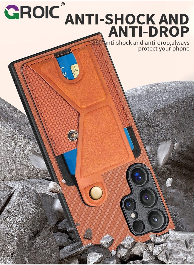 GROIC - Brown Sumsung Galaxy S24 Ultra Cases, Phone Cover Card Holder,Weave Pattern Slots Wallet Case with Kickstand Protective Case for Samsung S24 Ultra 6.8 inch - Image 1