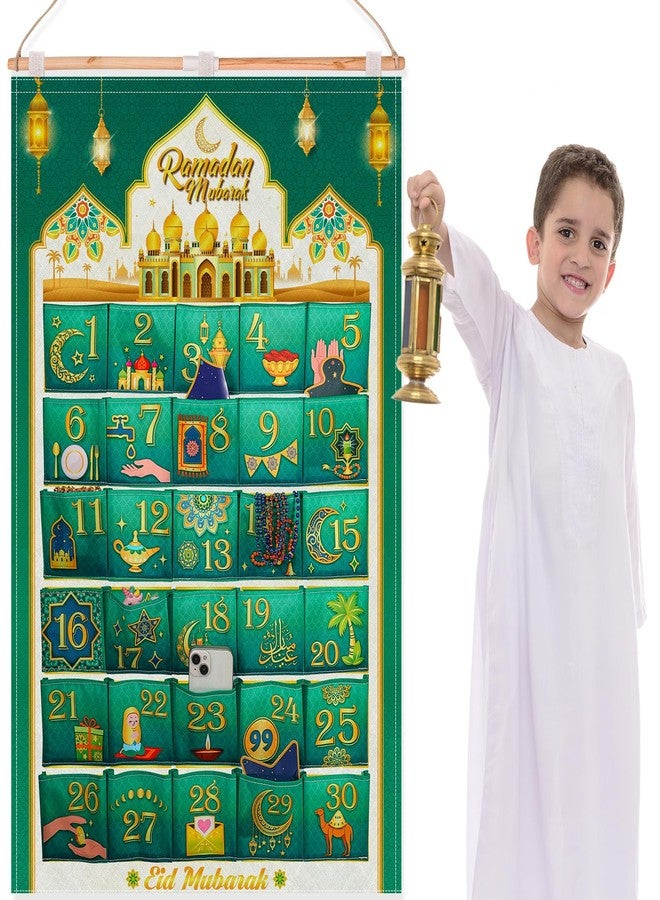 هواف تقويم رمضان من هواف، ٣٠ تقويمًا لحشو القماش (العد التنازلي للعيد)، تقويم رمضان كريم للتعليق على الحائط أو الباب، تقويم رمضان يمكنك صنعه بنفسك، حقائب تقويم رمضان قابلة لإعادة الاستخدام، أخضر ذهبي - Image 1