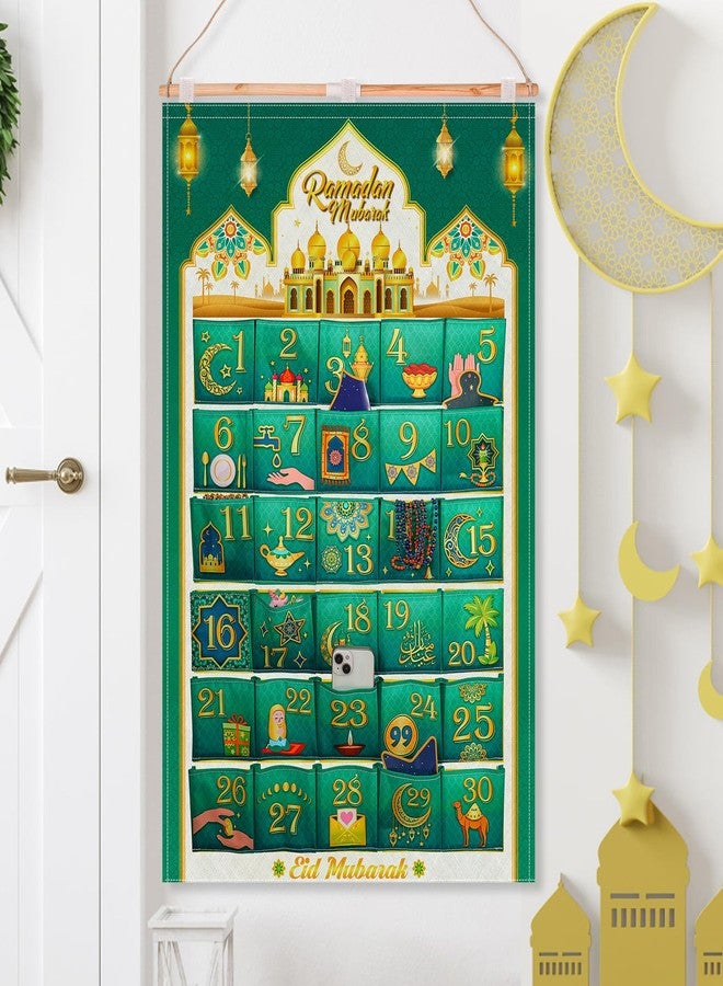 هواف تقويم رمضان من هواف، ٣٠ تقويمًا لحشو القماش (العد التنازلي للعيد)، تقويم رمضان كريم للتعليق على الحائط أو الباب، تقويم رمضان يمكنك صنعه بنفسك، حقائب تقويم رمضان قابلة لإعادة الاستخدام، أخضر ذهبي - Image 5