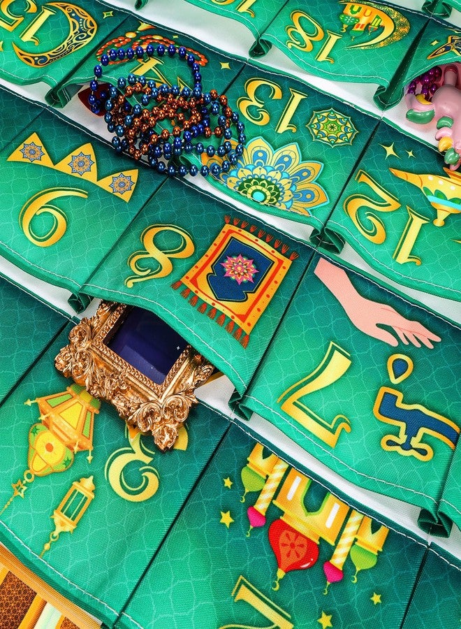 هواف تقويم رمضان من هواف، ٣٠ تقويمًا لحشو القماش (العد التنازلي للعيد)، تقويم رمضان كريم للتعليق على الحائط أو الباب، تقويم رمضان يمكنك صنعه بنفسك، حقائب تقويم رمضان قابلة لإعادة الاستخدام، أخضر ذهبي - Image 3