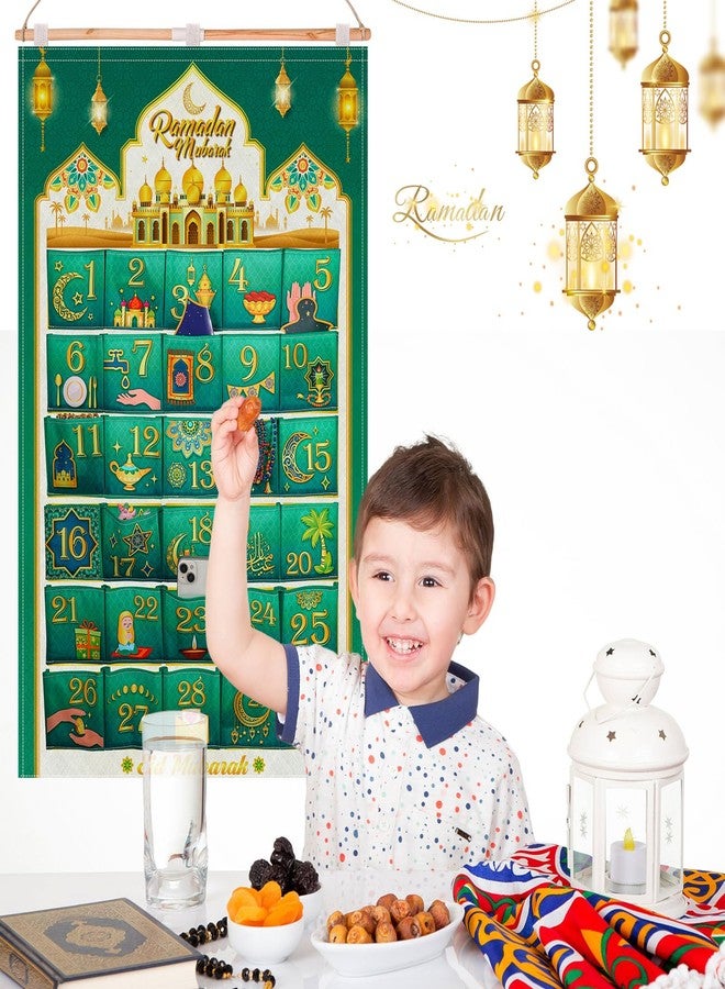 هواف تقويم رمضان من هواف، ٣٠ تقويمًا لحشو القماش (العد التنازلي للعيد)، تقويم رمضان كريم للتعليق على الحائط أو الباب، تقويم رمضان يمكنك صنعه بنفسك، حقائب تقويم رمضان قابلة لإعادة الاستخدام، أخضر ذهبي - Image 4