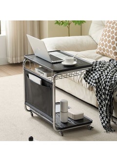 C Shaped End Table Multifunctional Side Table with Storage and Lockable Wheels Sofa Table for Living Room Bedroom Office Bathroom