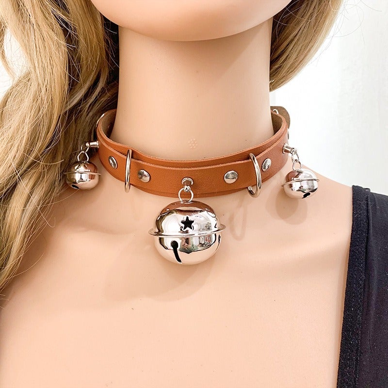 Jin Long Punk Style Extended Bell Collar Necklace Unisex Leather Choker Chain for Men and Women - Image 1