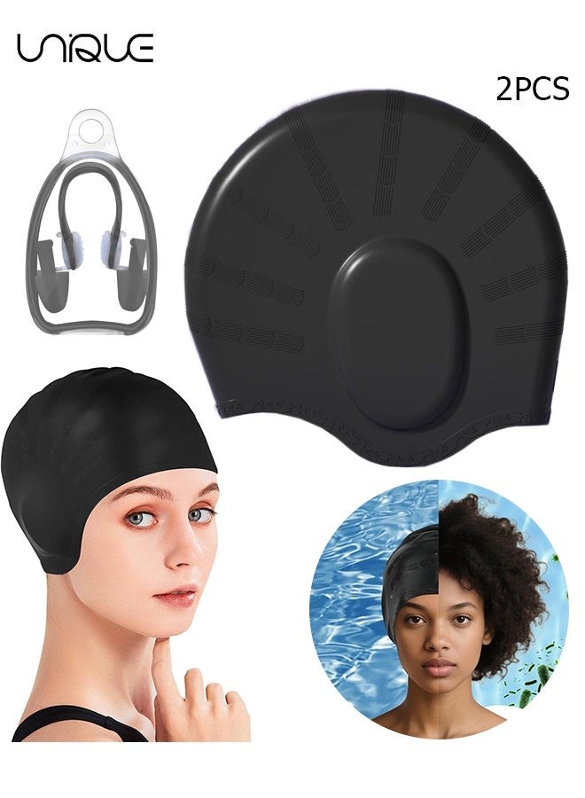 يونيك 2 قطعة - قبعات سباحة مع حماية للأذن ثلاثية الأبعاد - مشابك أنف ومجموعات سدادات أذن للسباحين - تصميم مقاوم للماء - جودة عالية - نمط محكم - قبعة سباحة مطاطية ومريحة قبعة سباحة سيليكون للجنسين للبالغين - لتدريب السباحة والمبتدئين - أسود - Image 1