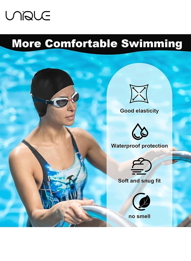 يونيك 2 قطعة - قبعات سباحة مع حماية للأذن ثلاثية الأبعاد - مشابك أنف ومجموعات سدادات أذن للسباحين - تصميم مقاوم للماء - جودة عالية - نمط محكم - قبعة سباحة مطاطية ومريحة قبعة سباحة سيليكون للجنسين للبالغين - لتدريب السباحة والمبتدئين - أسود - Image 4