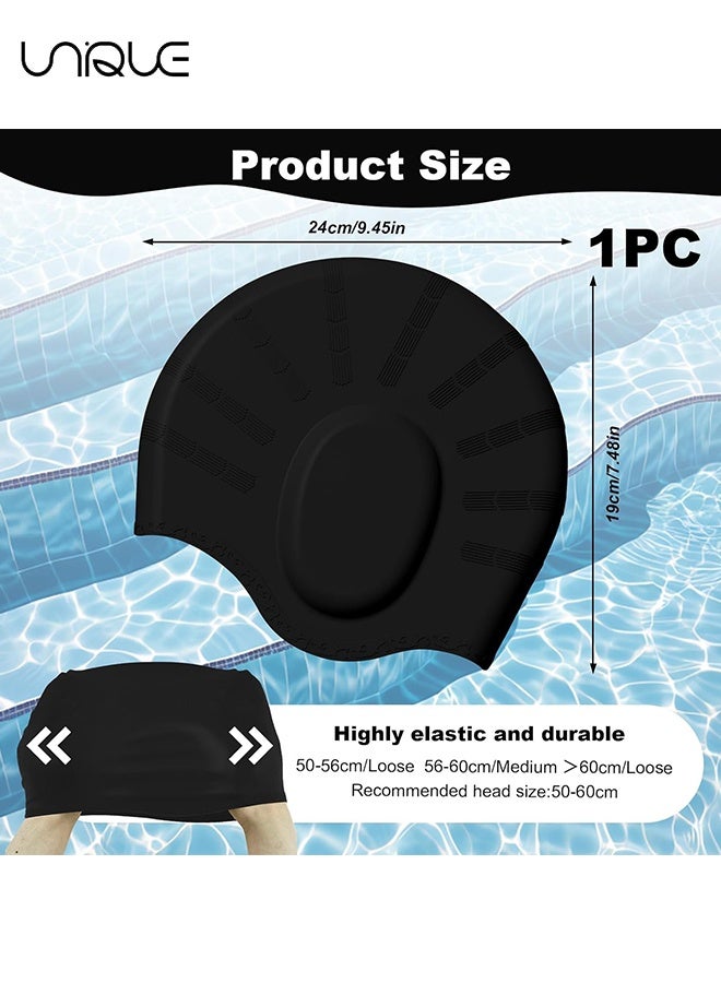 يونيك 2 قطعة - قبعات سباحة مع حماية للأذن ثلاثية الأبعاد - مشابك أنف ومجموعات سدادات أذن للسباحين - تصميم مقاوم للماء - جودة عالية - نمط محكم - قبعة سباحة مطاطية ومريحة قبعة سباحة سيليكون للجنسين للبالغين - لتدريب السباحة والمبتدئين - أسود - Image 2