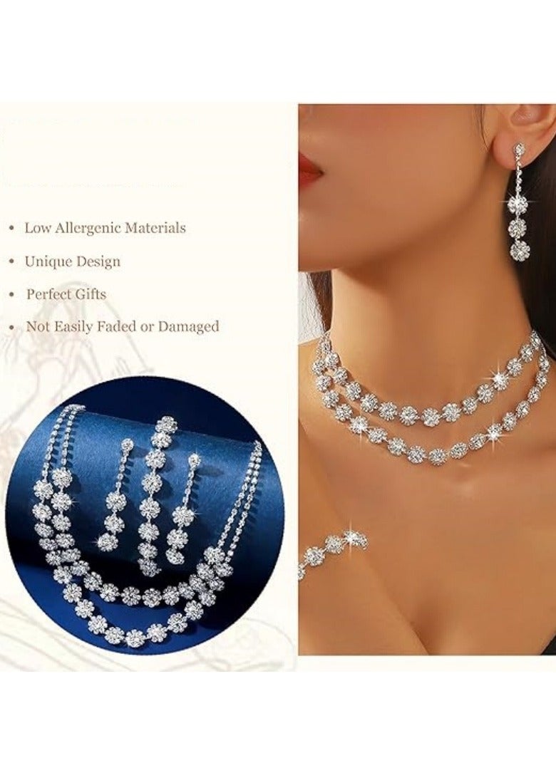 Bridal jewelry set, including a sparkling crystal necklace, earrings, and bracelet, perfect for weddings and graduations, women's jewelry accessories, silver design. - Image 2
