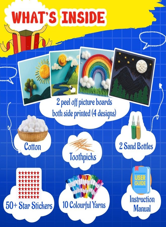 KREEDA- Sand Art & Wool Art | DIY Mess Free Craft Kit | Sand Art for kids and adults | DIY kit with 50+ Star Shaped Stickers and 2 Colourful Sand Bottles | 10+ colourful yarns | Gifts for Girls & Boys Ages 4, 5, 6, 7, 8, 9, 10, 11, 12 (Sand Art & Wool Art) - Image 3