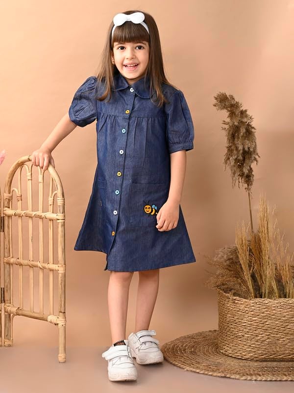 superminis Girls Denim Solid Color Half Sleeves Dress with Embroidered Pocket (8-10 Years, Blue) (1 Dress) - Image 2