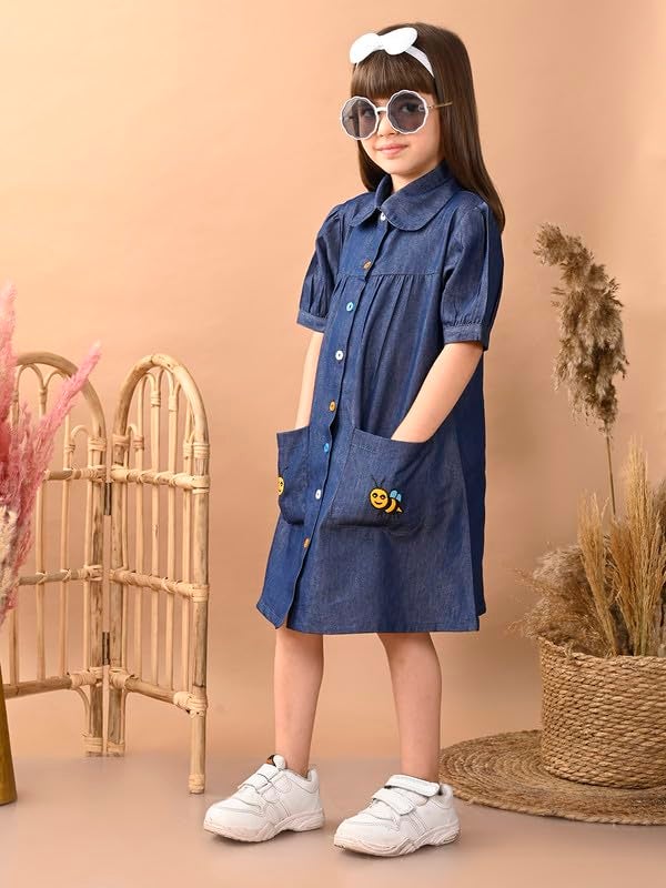 superminis Girls Denim Solid Color Half Sleeves Dress with Embroidered Pocket (8-10 Years, Blue) (1 Dress) - Image 4