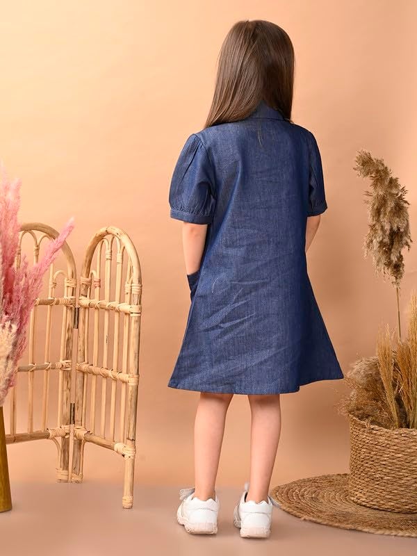 superminis Girls Denim Solid Color Half Sleeves Dress with Embroidered Pocket (8-10 Years, Blue) (1 Dress) - Image 3