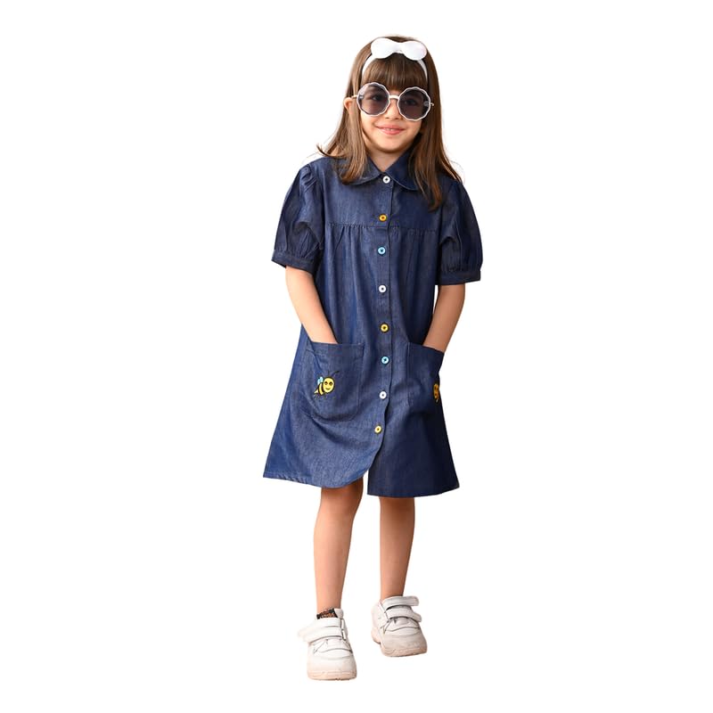 superminis Girls Denim Solid Color Half Sleeves Dress with Embroidered Pocket (8-10 Years, Blue) (1 Dress) - Image 1