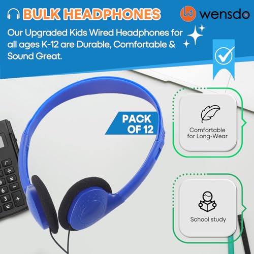 Wensdo Kids Headphones Bulk 12 Pack for School Classroom Student Children Toddler Boys Girls Teen and Adults, Wholesale Wired Computer Earphones Class Set for Library Museums Airplane (HY857,12 Blue) - Image 2