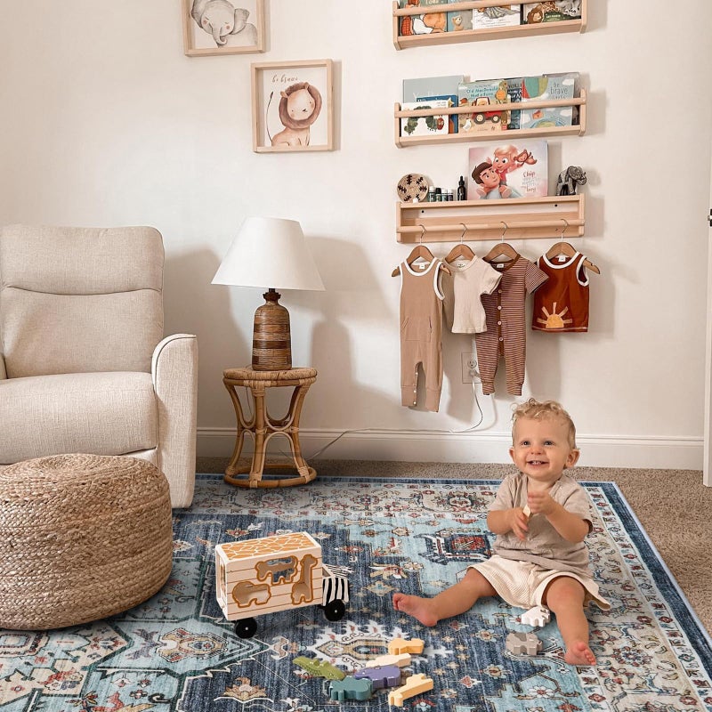 TOPRUUG Washable Oriental Area Rug - 9x12 Rugs for Living Room Soft Carpet for Bedroom Waterproof Floral Distressed Indoor Stain Resistant Non-Shedding Floor Carpets (Blue/Teal/Orange, 9x12) - Image 3