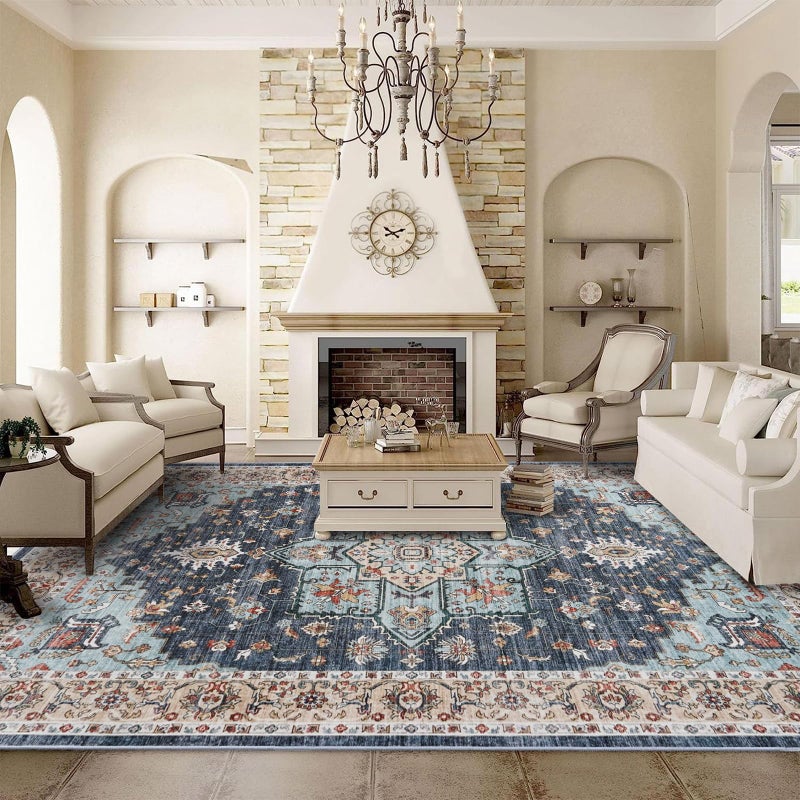 TOPRUUG Washable Oriental Area Rug - 9x12 Rugs for Living Room Soft Carpet for Bedroom Waterproof Floral Distressed Indoor Stain Resistant Non-Shedding Floor Carpets (Blue/Teal/Orange, 9x12) - Image 1