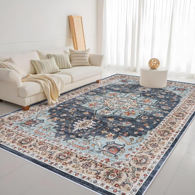 TOPRUUG Washable Oriental Area Rug - 9x12 Rugs for Living Room Soft Carpet for Bedroom Waterproof Floral Distressed Indoor Stain Resistant Non-Shedding Floor Carpets (Blue/Teal/Orange, 9x12) - Image 2