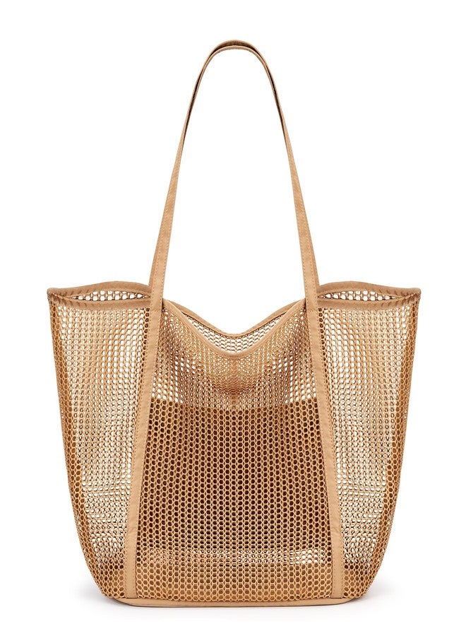 KALIDI FANCY FOREST KALIDI Upgrade Version Beach Mesh Tote Bag MAX 27L Large capacity,Shoulder Bag Nylon Hobo Women Casual Foldable FOR Beach Picnic Grocery Bag Khaki - Image 1
