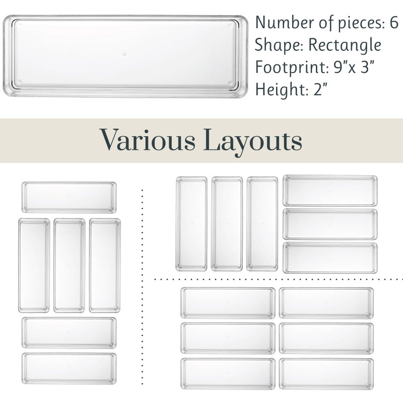 STORi SimpleSort 6-Piece Stackable Clear Drawer Organizer Set | 9" x 3" x 2" Rectangle Trays | Narrow Makeup Vanity Storage Bins and Office Desk Drawer Dividers | Made in USA - Image 5