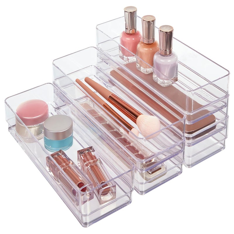 STORi SimpleSort 6-Piece Stackable Clear Drawer Organizer Set | 9" x 3" x 2" Rectangle Trays | Narrow Makeup Vanity Storage Bins and Office Desk Drawer Dividers | Made in USA - Image 1