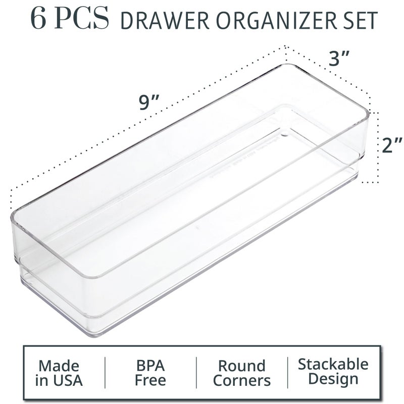 STORi SimpleSort 6-Piece Stackable Clear Drawer Organizer Set | 9" x 3" x 2" Rectangle Trays | Narrow Makeup Vanity Storage Bins and Office Desk Drawer Dividers | Made in USA - Image 2
