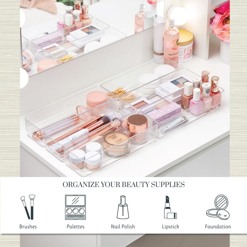 STORi SimpleSort 6-Piece Stackable Clear Drawer Organizer Set | 9" x 3" x 2" Rectangle Trays | Narrow Makeup Vanity Storage Bins and Office Desk Drawer Dividers | Made in USA - Image 3