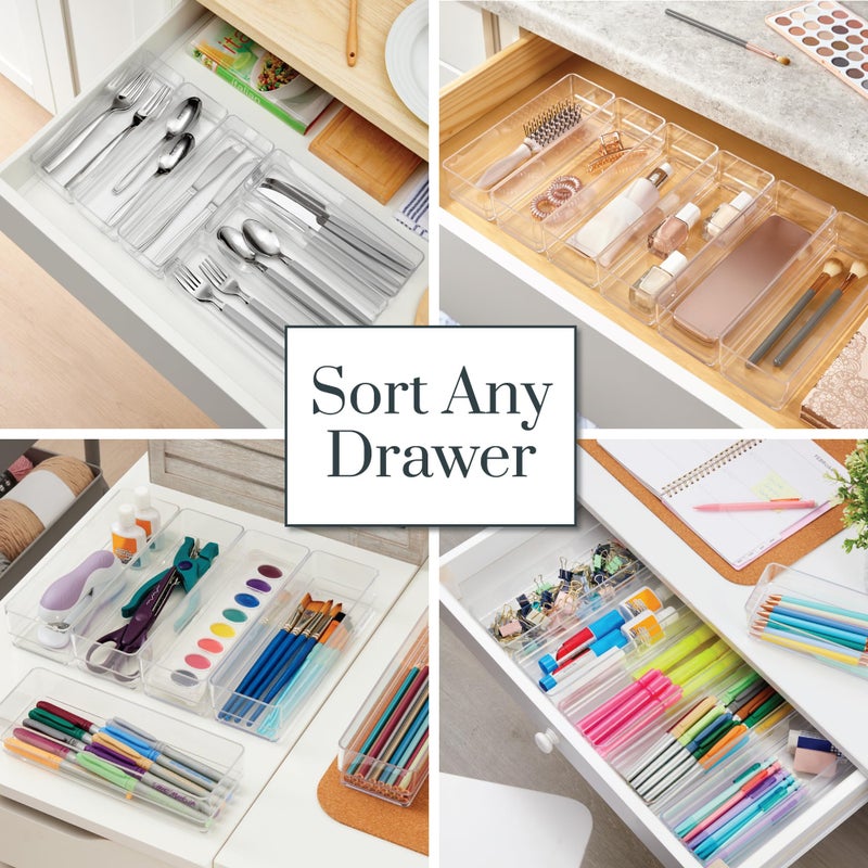 STORi SimpleSort 6-Piece Stackable Clear Drawer Organizer Set | 9" x 3" x 2" Rectangle Trays | Narrow Makeup Vanity Storage Bins and Office Desk Drawer Dividers | Made in USA - Image 4