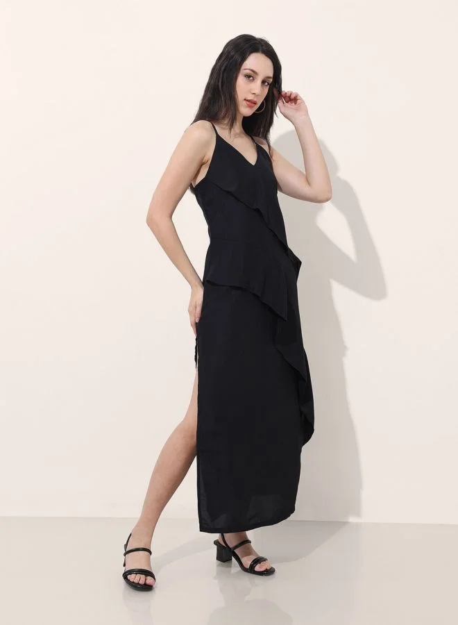 Freehand Women Flared Solid V-Neck Sleeveless Ruffle Dress