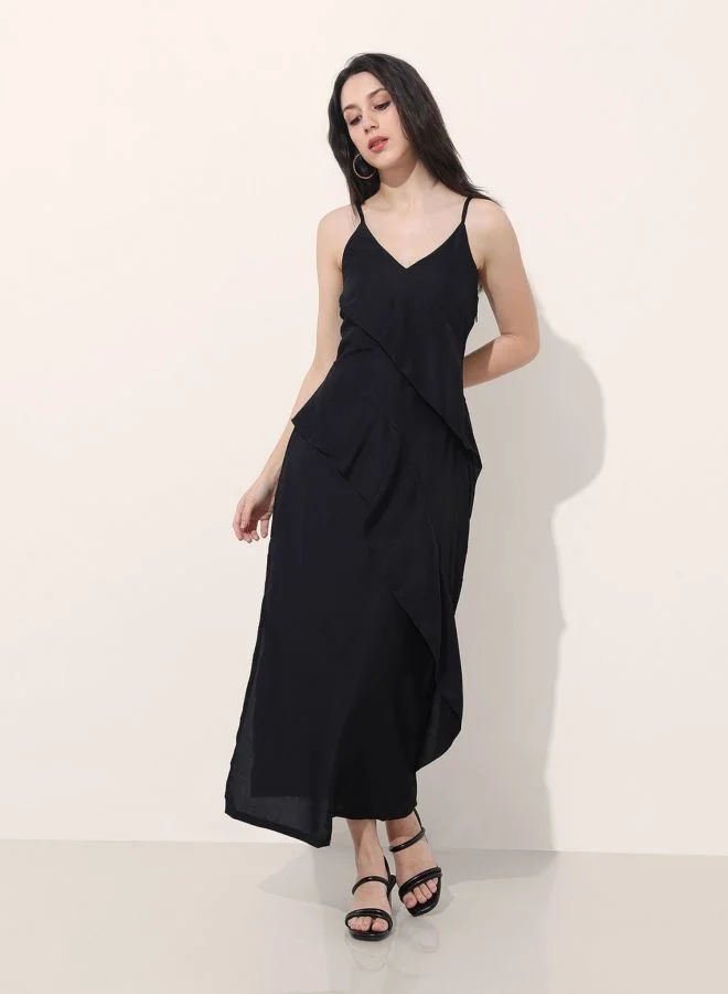 Freehand Women Flared Solid V-Neck Sleeveless Ruffle Dress