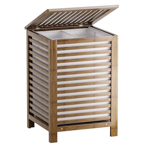 SMIBUY Double Laundry Hamper with Lid, 120L Bamboo Laundry Basket with Removable Liner Bag, 2-Section Clothes Divider Laundry Sorter for Laundry Room, Bathroom, Bedroom (Walnut) - Image 1