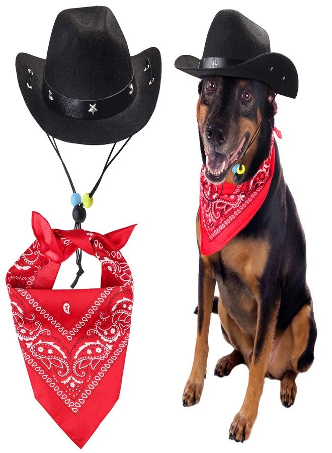Yewong Pet Cowboy Costume Accessories Dog Cat Pet Size Cowboy Hat and Bandana Scarf West Cowboy Accessories for Puppy Kitten Party Festival and Daily Wearing Set of 2 (Black) - Image 1