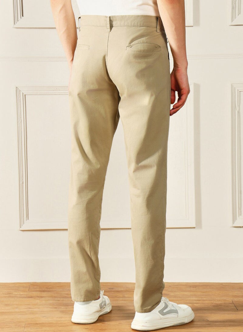 Dennis Lingo Men'S Light Khaki 100% Cotton Solid Pattern Full Length Chinos Slim Fit Trouser - Image 3