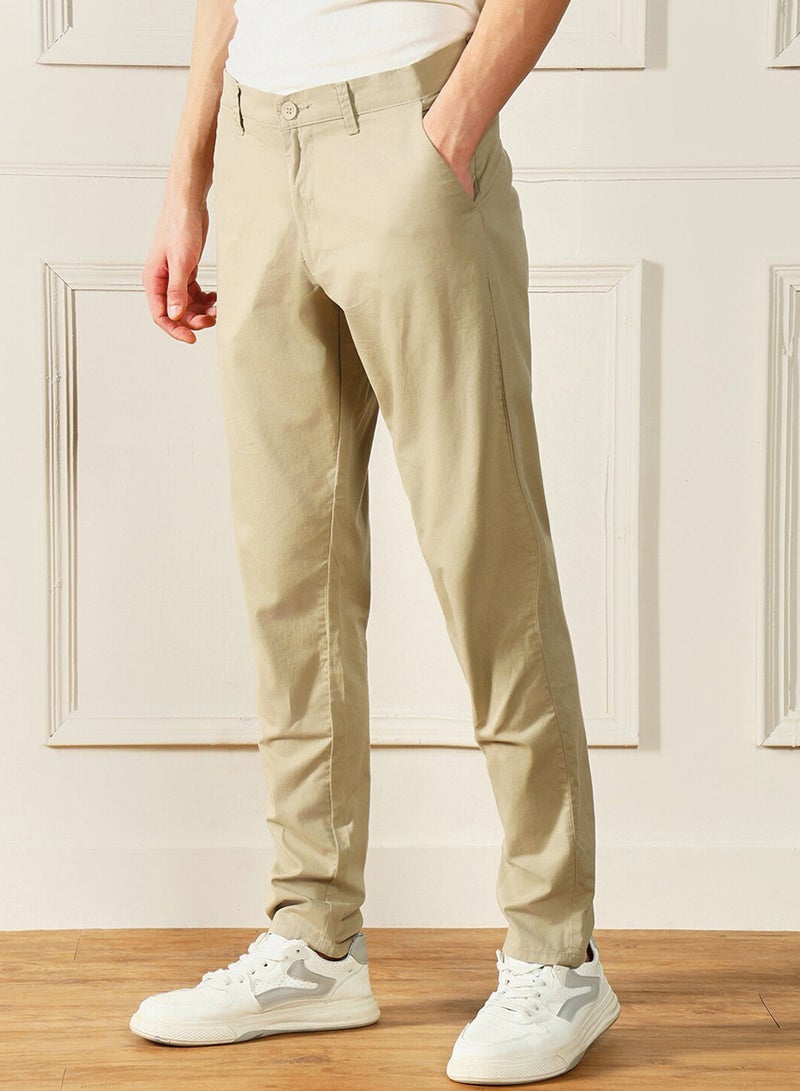 Dennis Lingo Men'S Light Khaki 100% Cotton Solid Pattern Full Length Chinos Slim Fit Trouser - Image 2
